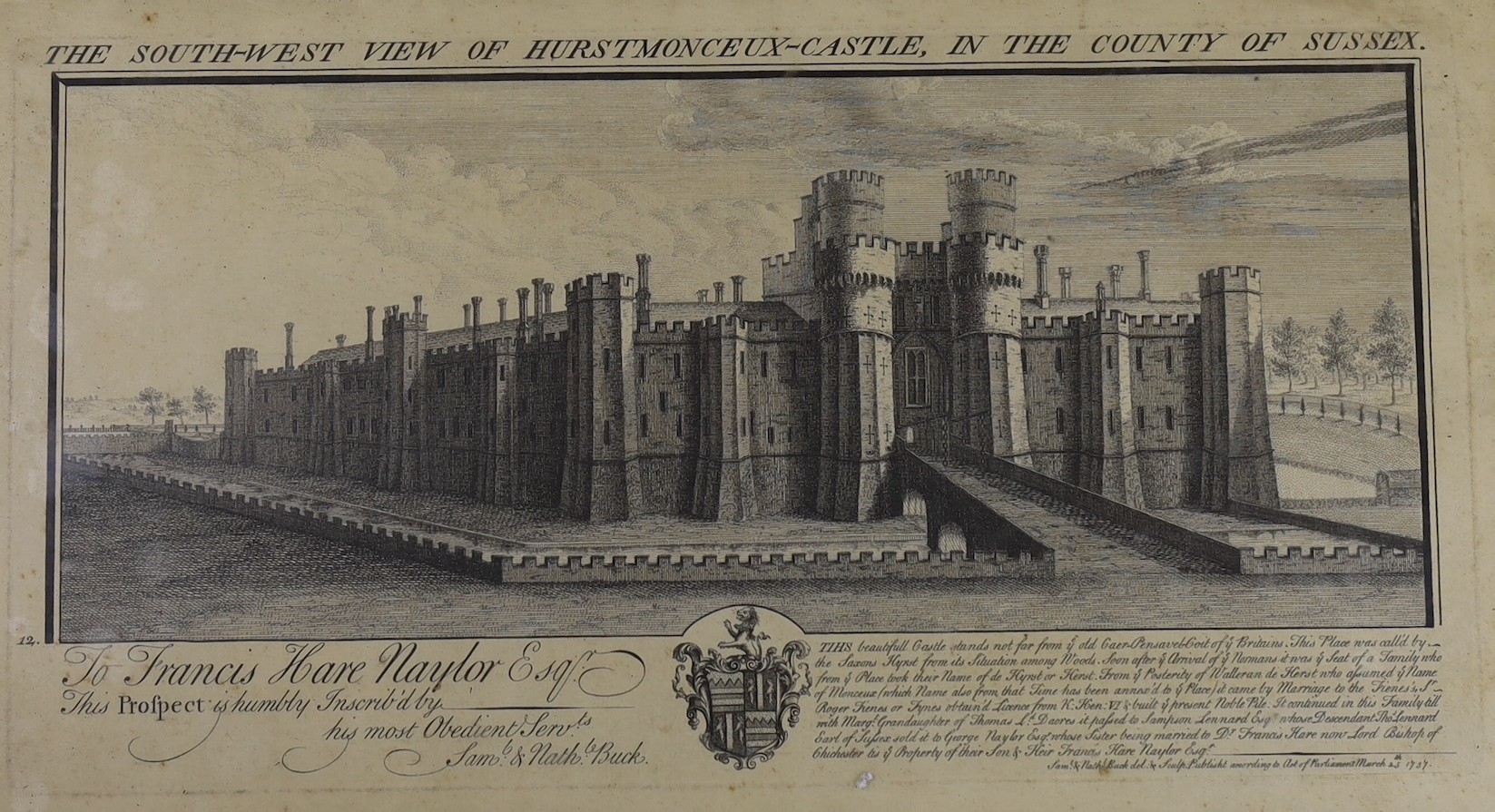 Samuel and Nathaniel Buck, six engravings, Views of Sussex Castles 1737, overall 23 x 40cm and a similar view of the Church of St Olave, 28 x 31cm